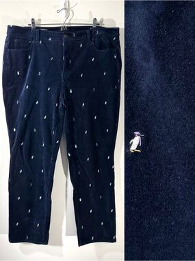 Talbots Navy Velveteen Straight Leg pant embroidered Penguins Sz 18W